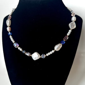 baroque pearl choker w blue & pink crystal beads, elegant jewel necklace, fairycore, coquette, chateaucore, princesscore, Angelcore jewlery