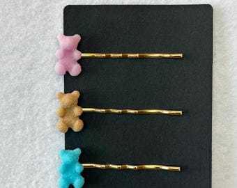 Set of 3 Resin Teddy Bear Hairpins: Baby Shower, Gender Reveal Accessories