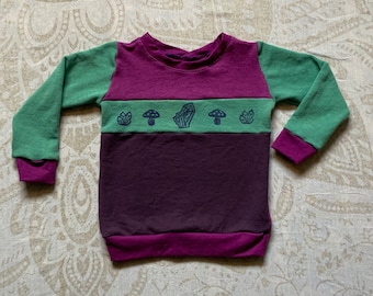 One of a kind Handmade Organic Cotton & Hemp Sweatshirt for Kids: hand dyed and printed Crystal  and mushroom Prints Size 5/6