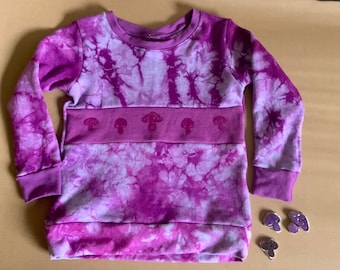 One of a kind Handmade Organic Cotton & Hemp Sweatshirt for Kids: hand dyed and printed with  mushroom Prints Size 4/5 kids