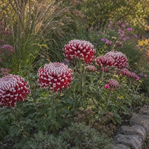 Peut inclure: Un groupe de chrysanthèmes aux pétales rouge foncé avec des pointes blanches, poussant sur des tiges vertes avec des feuilles dentelées dans un jardin avec une bordure en pierre et diverses autres plantes en arrière-plan.