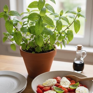 Puede incluir: Una maceta de terracota con una planta de menta se encuentra sobre una mesa de madera junto a un cuenco de ensalada Caprese con tomates, mozzarella y albahaca. Una pequeña botella de vinagre balsámico y dos platos también están sobre la mesa.