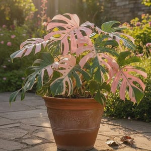 Puede incluir: Una planta Monstera en maceta con hojas grandes y divididas que presentan patrones variegados en verde oscuro y rosa suave. La planta se encuentra en una maceta redonda de terracota con una sutil banda decorativa en relieve en la parte superior.