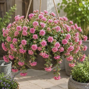 May include: A dark gray hanging planter filled with a dense cluster of small, vibrant pink flowers and green foliage. The planter is suspended by a thick, natural-colored jute rope, creating a cascading display of blossoms and leaves.