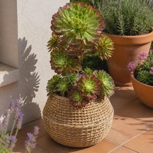 Op de afbeelding: Een vetplant met meerdere rozetten van groene bladeren met roodbruine randen, geplant in een ronde, getextureerde mand van lichtbruin gevlochten touw. De plant heeft een hoge centrale stengel met kleinere clusters die uit de basis groeien.