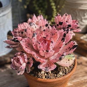 Op de afbeelding: Een vetplant met vlezige, puntige bladeren in een lichtroze tint, voorzien van opvallende zwarte spikkels en vlekken over het oppervlak. De plant is gerangschikt in een dichte, rozetachtige vorm en staat in een eenvoudige terracotta pot.
