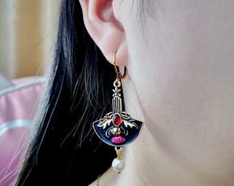 Pendientes colgantes étnicos vintage mujer, aretes de perlas en forma de abanico,joyeria de fiesta femenina.