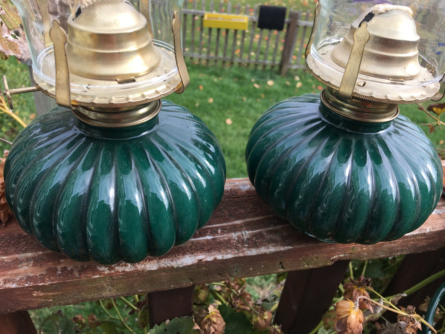 Pair Of Vintage Green Painted Oil Lamps Never Used Made In