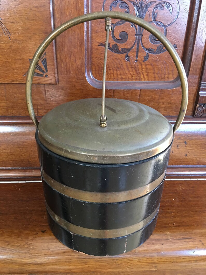 Antique Thermos Brand Black Lacquer Wood And Brass Ice Bucket Brass Hinged Lid And Handle Glass Interior Plant Pot Display Vintage Cooler