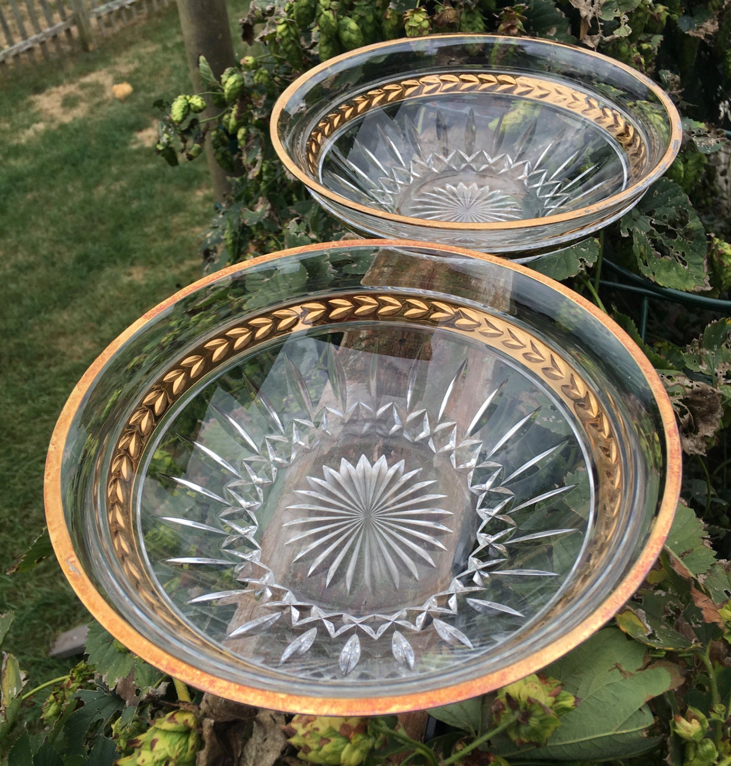 Vintage Lenox Pair of Crystal Bowls Gold Rim Trim Majestic Pattern Cut
