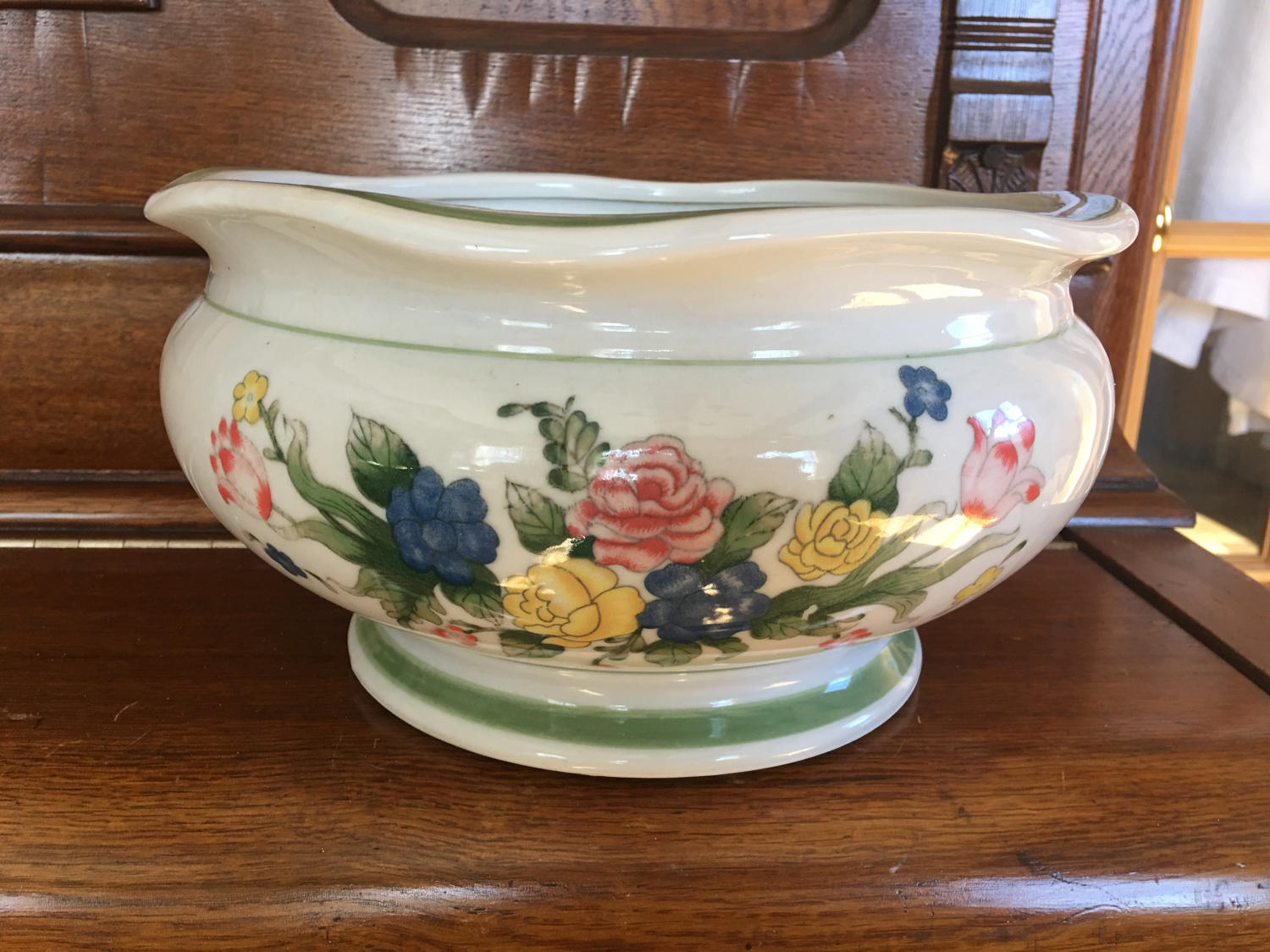 Aaa Imports Extra Large Plant Pot Ceramic Pottery Flared Edge Chrysanthemum Flowers Blue Pink Yellow Green Round Bowl Decoware 10 Bowl