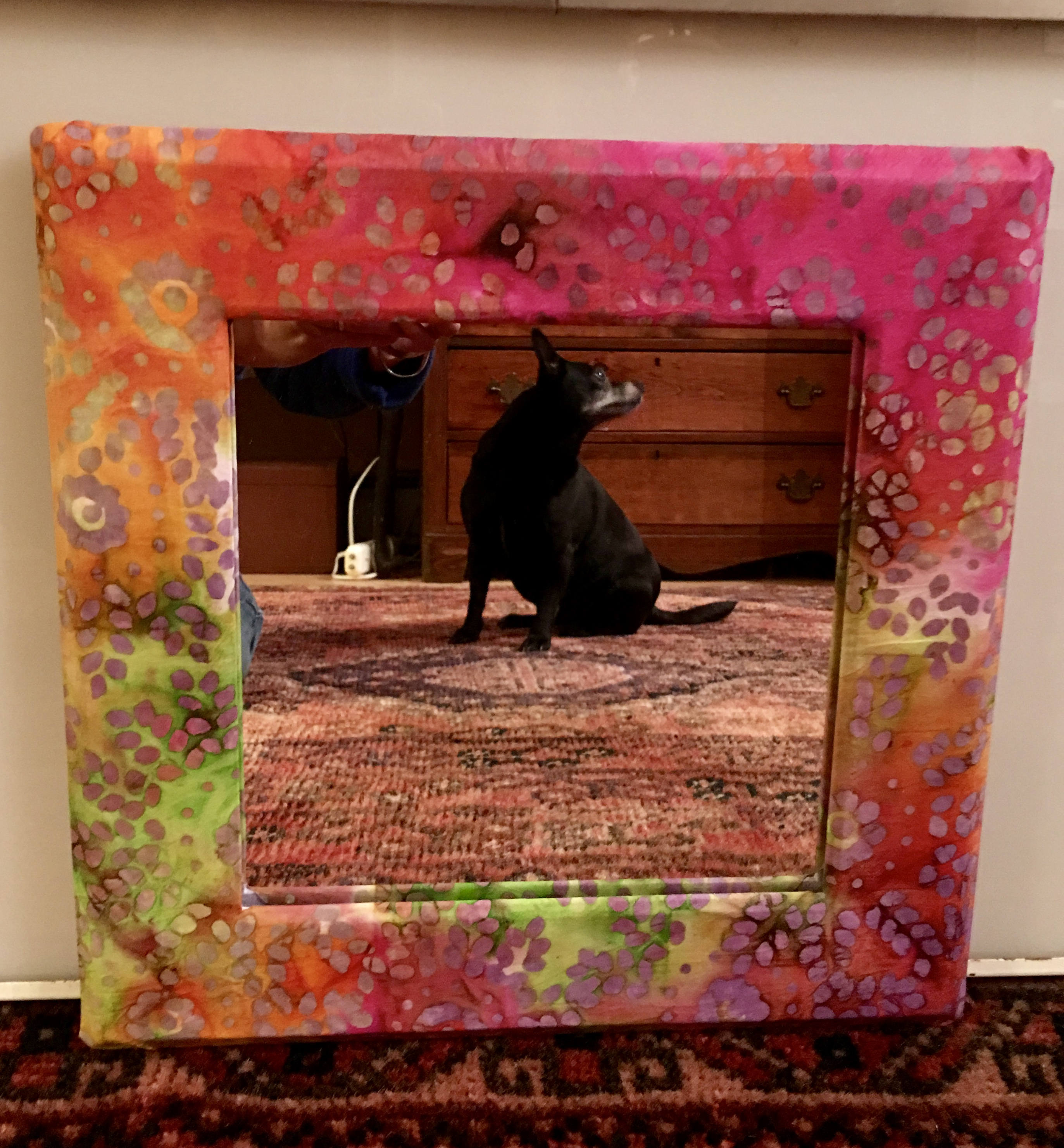 Hand Crafted Square Batik Hanging Wall Mirror 1980 S Vintage Frame Hand Crafted Square Batik Hanging Wall Mirror 1980 S Vintage Frame Original Glass Fabric Sealed Purple Pink Green Yellow Hippie Retro