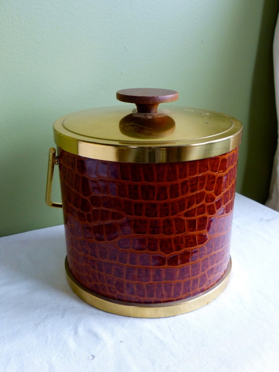 Vintage Ice Bucket Embossed Faux Alligator Shiny Brown Brass Etsy