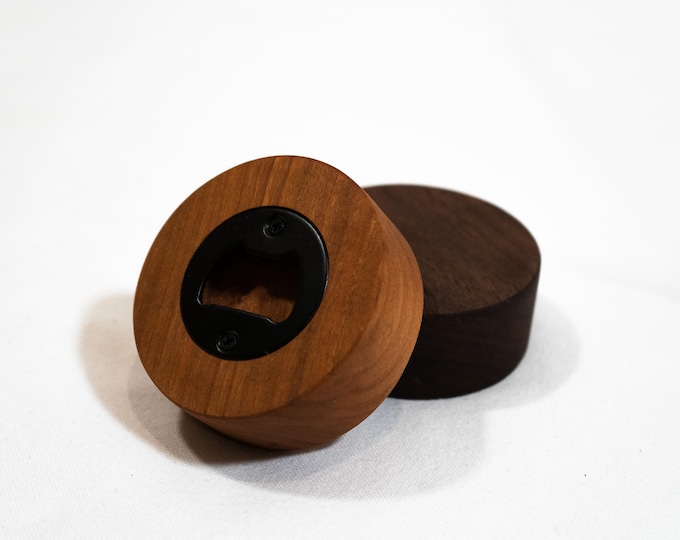 Handcrafted Walnut & Cherry Wood Puck Bottle Opener: Unique Barware Gift