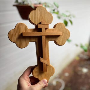 Hand Crafted Budded 3 Bar Inlay Wooden Cross