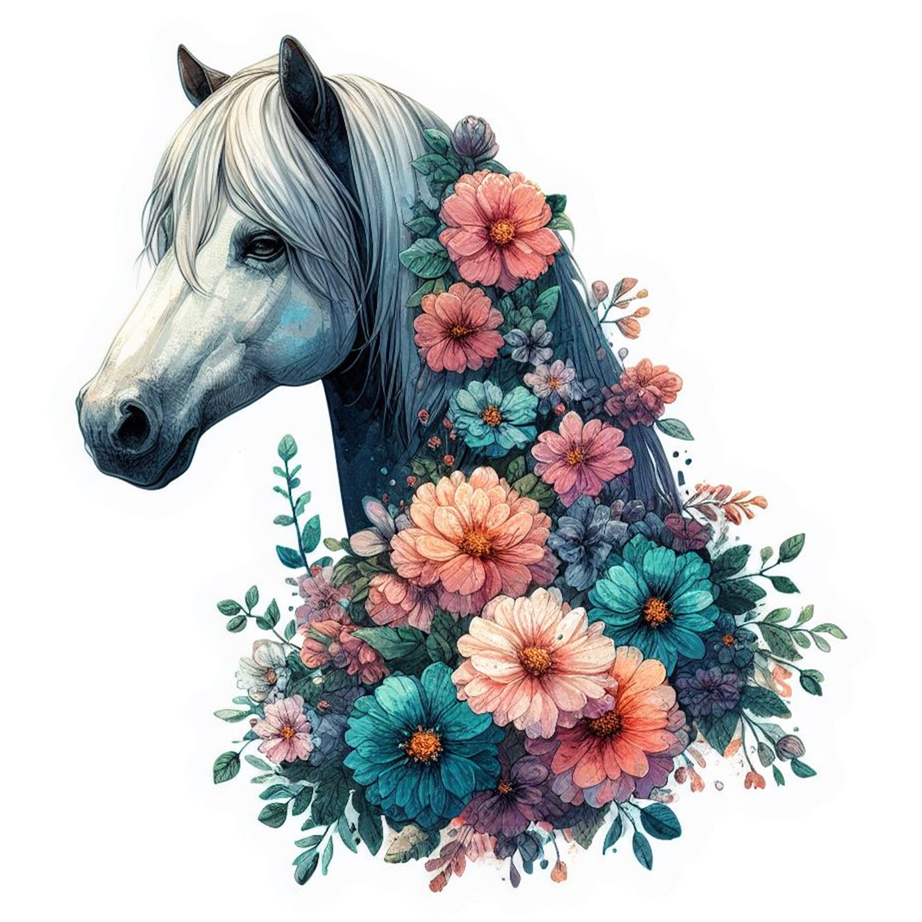 12 Floral Horses in Flowers Clipart, Printable Watercolor Clipart ...
