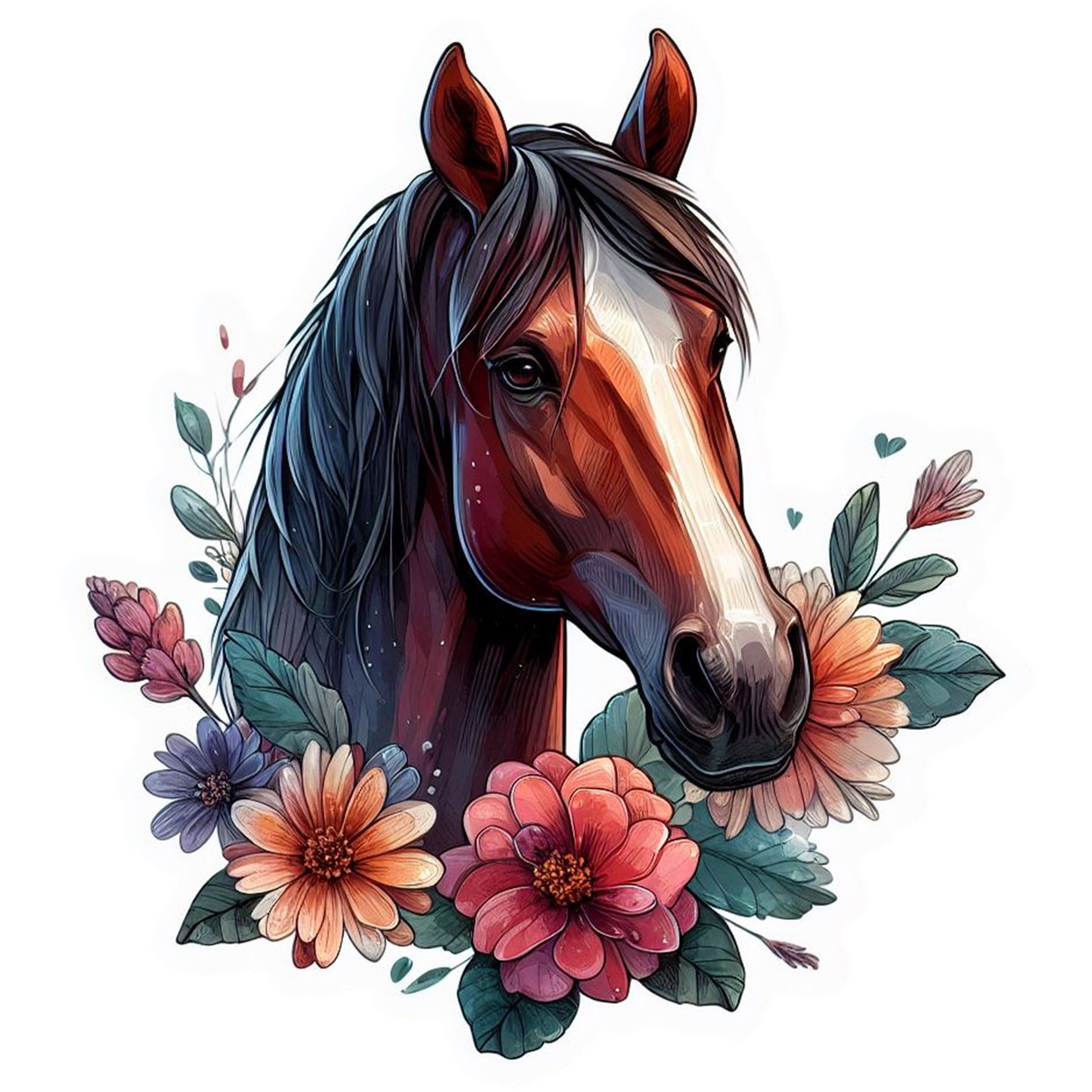12 Floral Horses in Flowers Clipart, Printable Watercolor Clipart ...