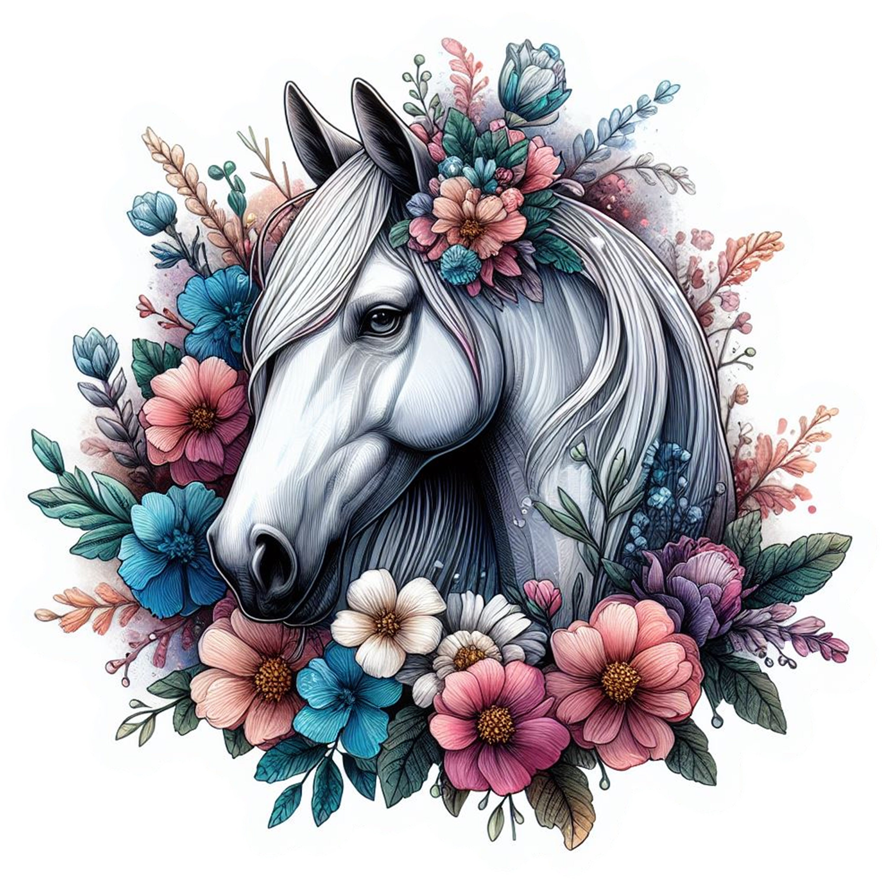 12 Floral Horses in Flowers Clipart, Printable Watercolor Clipart ...
