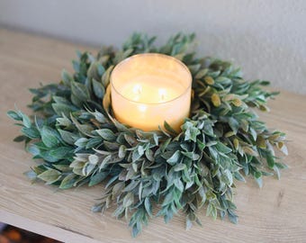 Mini Candle Wreath | Faux Ruscus Candle Ring | Small Table Centerpiece | Shelf Decor Accent | Everyday Home Decor