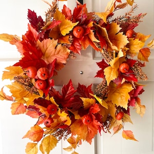 Mini Pumpkin Fall Wreath: Classic Autumn Leaves, Thanksgiving Decor