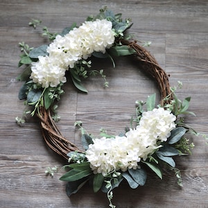 White Hydrangea Wreath: Cottage Style Grapevine Wreath