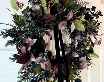 Dark Floral Halloween Wreath, Moody Plum & Green Halloween Wreath, Spooky Wreath, Gothic Halloween Wreath, Fall Thistle Wreath