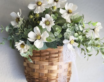 Cesta de pared floral de primavera / Cesta de puerta Cosmo blanca / Cesta colgante rústica / Cesta de pared de estilo granja / Decoración del hogar para todo el año