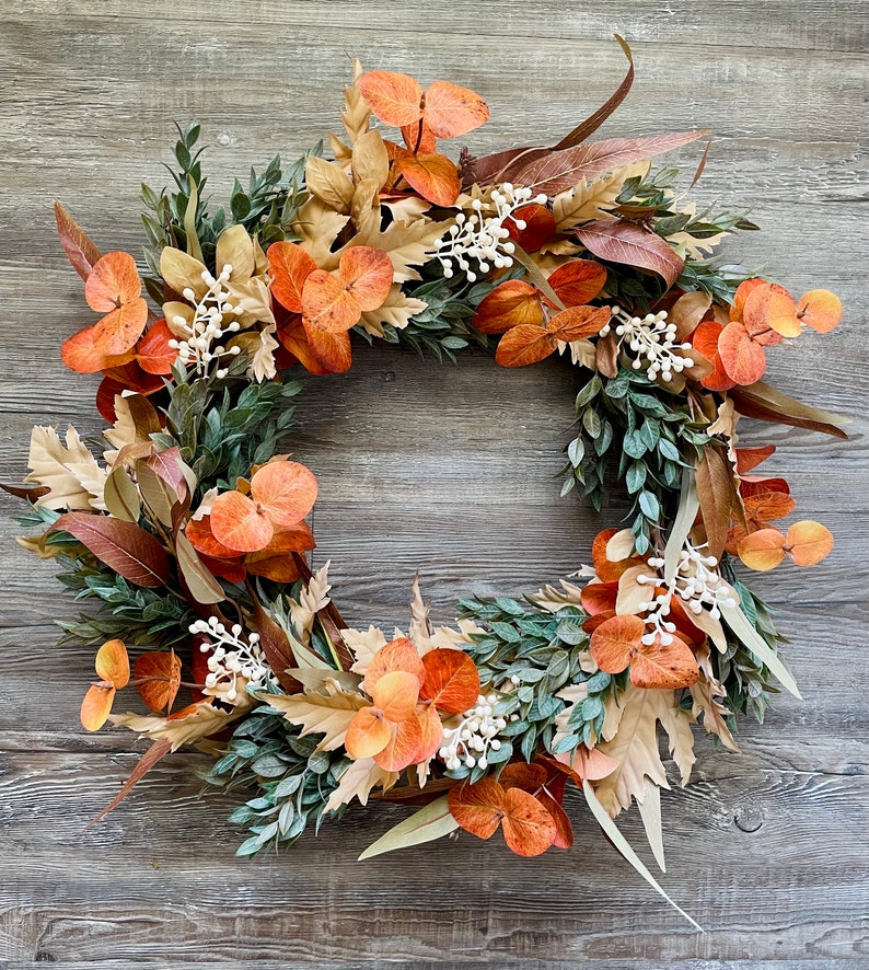 Boho Fall Wreath, Sage and Orange Fall Wreath, Modern Fall Wreath, Eucalyptus & Maple Leave Fall Wreath, Halloween Wreath, Autumn Wreath