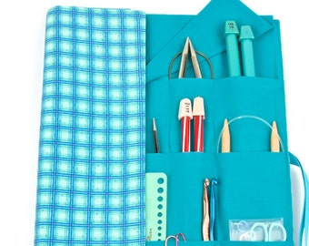 Large Knitting Needle Case - Winter Parade - 30 Blue Pockets for Straight, Circular, Double Pointed and Accessory Storage Organizer