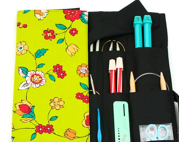 Large Knitting Needle Case Garden Folk Art 30 Black Pockets for