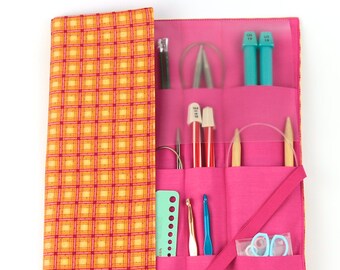 Large Knitting Needle Case - Orange Plaid - 30 Pink Pockets for Straight, Circular, Double Pointed and Accessory Storage Organizer