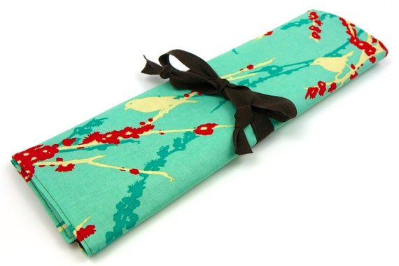 Large Knitting Needle Organizer or Art Tool Case - Sparrows on Aqua - 30 Brown Pockets