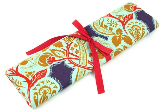 Large Knitting Needle Organizer or Art Tool Case - Flourish Jester - 30 Red Pockets