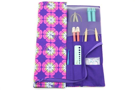 Large Knitting Needle Case - Love Me Knot - 30 Purple Pockets for Straight, Circular, Double Pointed and Accessory Storage Organizer