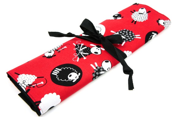 Large Knitting Needle Organizer or Art Tool Case - Red Sheep - 30 Black Pockets