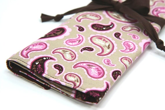 Large Knitting Needle Organizer or Art Tool Case - Cherry Paisley -  30 Brown Pockets