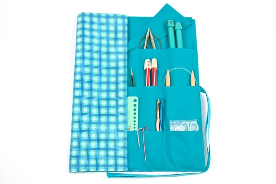 Large Knitting Needle Case - Winter Parade - 30 Blue Pockets for Straight, Circular, Double Pointed and Accessory Storage Organizer