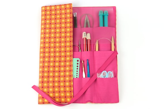 Large Knitting Needle Case - Orange Plaid - 30 Pink Pockets for Straight, Circular, Double Pointed and Accessory Storage Organizer