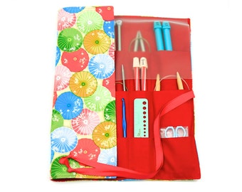 Large Knitting Needle Case - Parasols - 30 Red Pockets for Straight, Circular, Double Pointed and Accessory Storage Organizer