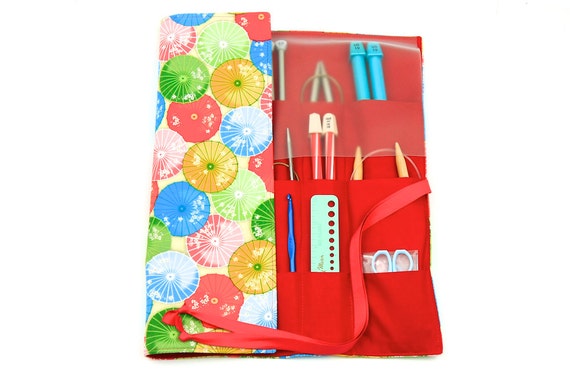 Large Knitting Needle Case - Parasols - 30 Red Pockets for Straight, Circular, Double Pointed and Accessory Storage Organizer