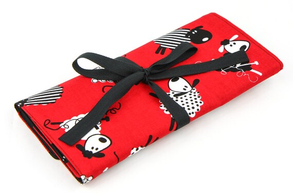 Medium Knitting Needle Organizer or Art  Tool  Case - Red Sheep - 24 Black Pockets