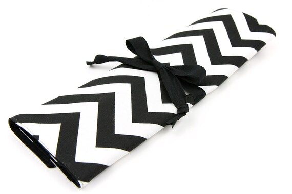 Large Knitting Needle Organizer or Art Tool Case - Black White Chevron - 30 Black Pockets