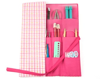 Large Knitting Needle Case - Pink Plaid - 30 Pink Pockets for Straight, Circular, Double Pointed and Accessory Storage Organizer