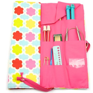 Large Knitting Needle Case - Charmed - 30 Pink Pockets for Straight, Circular, Double Pointed and Accessory Storage Organizer