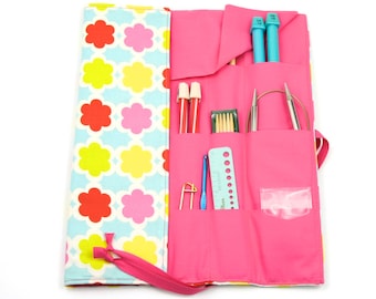 Large Knitting Needle Case - Charmed - 30 Pink Pockets for Straight, Circular, Double Pointed and Accessory Storage Organizer