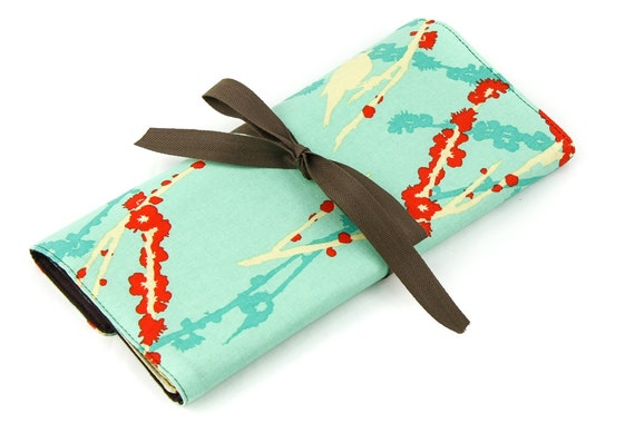 Medium Knitting Needle Organizer or Art  Tool Case  - Sparrows on Aqua - 24 Brown Pockets