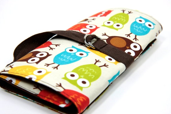 Medium Knitting Needle Organizer or Art  Tool  Case - Urban Owls - 24 Brown Pockets