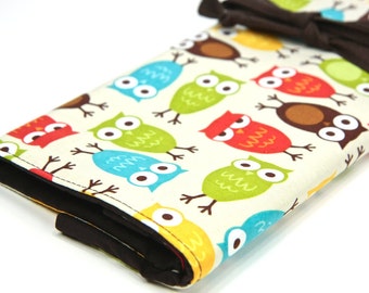 Large Knitting Needle Organizer or Art Tool Case  - Urban Owls - 30 Brown Pockets