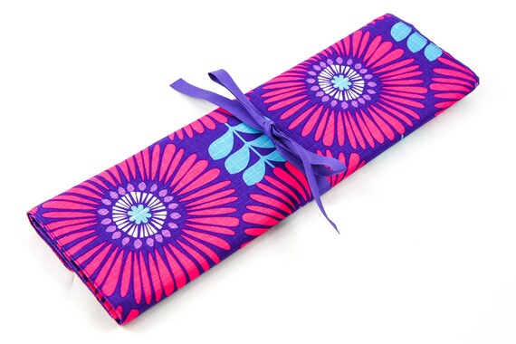 Large Knitting Needle Organizer or Art Tool Case - Fringe Flowers - 30 Purple Pockets