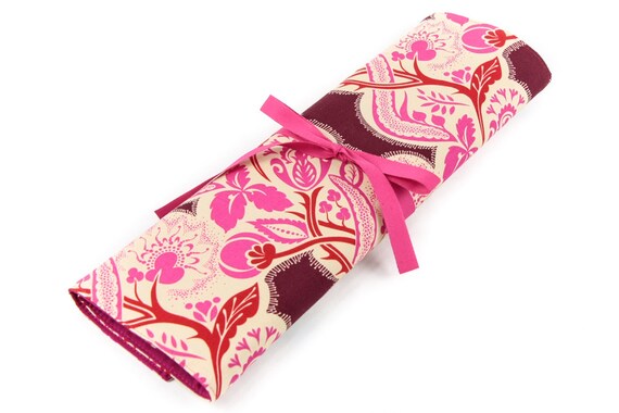 Large Knitting Needle Organizer or Art Tool Case - Flourish Cherry - 30 Pink Pockets